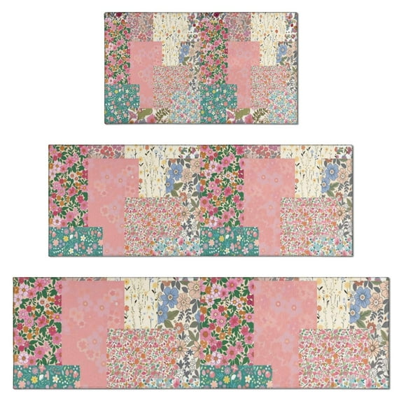 Pioneer Flower Floral Print Pattern Kitchen Rugs Sets Of 3,Kitchen Runner Rugs Non Skid Washable,Decorative Kitchen Floor Mats for Kitchen,Sink,Laundry,17"x30"+ 17"x47" + 17"x59"