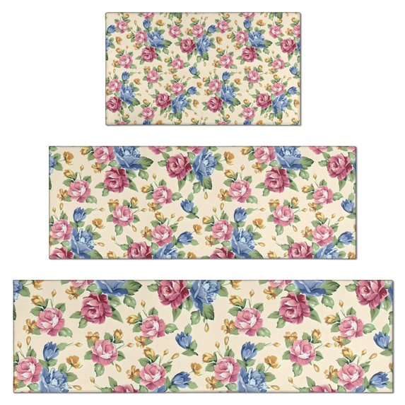 Pioneer Flower Floral Print Pattern Kitchen Rugs Sets Of 3,Kitchen Runner Rugs Non Skid Washable,Decorative Kitchen Floor Mats for Kitchen,Sink,Laundry,17"x30"+ 17"x47" + 17"x59"