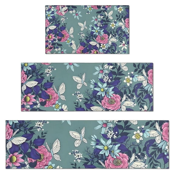 Pioneer Flower Floral Print Pattern Kitchen Rugs Sets Of 3,Kitchen Runner Rugs Non Skid Washable,Decorative Kitchen Floor Mats for Kitchen,Sink,Laundry,17"x30"+ 17"x47" + 17"x59"