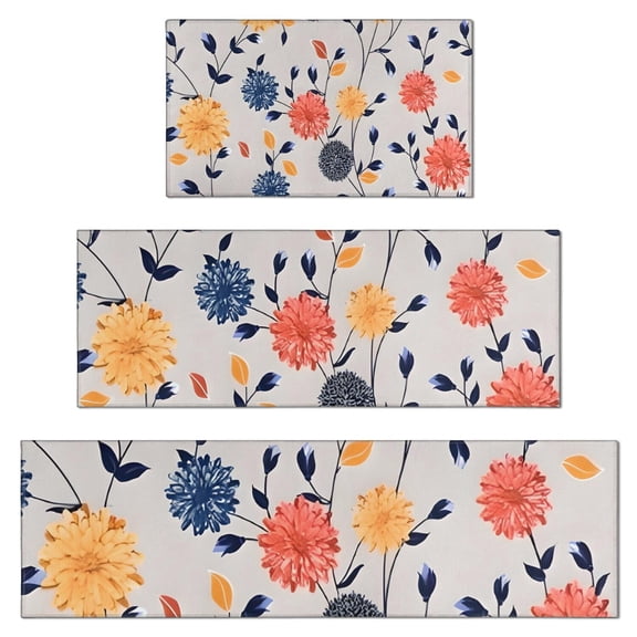 Pioneer Flower Floral Print Pattern Kitchen Rugs Sets Of 3,Kitchen Runner Rugs Non Skid Washable,Decorative Kitchen Floor Mats for Kitchen,Sink,Laundry,17"x30"+ 17"x47" + 17"x59"