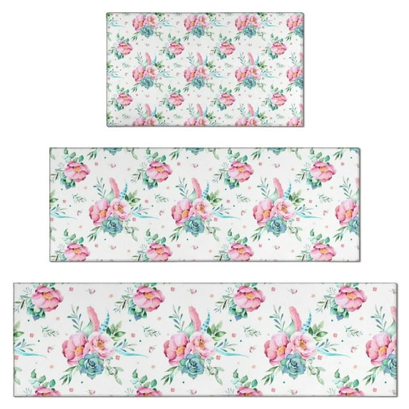 Pioneer Flower Floral Print Pattern Kitchen Rugs Sets Of 3,Kitchen Runner Rugs Non Skid Washable,Decorative Kitchen Floor Mats for Kitchen,Sink,Laundry,17"x30"+ 17"x47" + 17"x59"