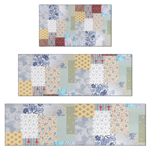 Pioneer Flower Floral Print Pattern Kitchen Rugs Sets Of 3,Kitchen Runner Rugs Non Skid Washable,Decorative Kitchen Floor Mats for Kitchen,Sink,Laundry,17"x30"+ 17"x47" + 17"x59"