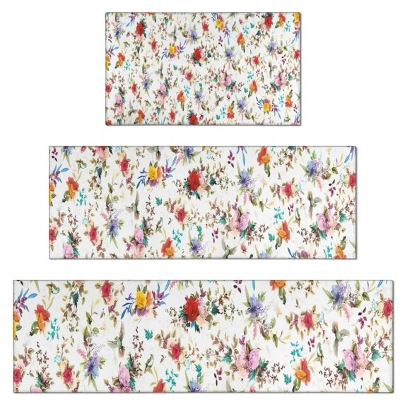 Pioneer Flower Floral Print Pattern Kitchen Rugs Sets Of 3,Kitchen Runner Rugs Non Skid Washable,Decorative Kitchen Floor Mats for Kitchen,Sink,Laundry,17"x30"+ 17"x47" + 17"x59"
