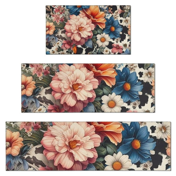 Pioneer Flower Floral Print Pattern Kitchen Rugs Sets Of 3,Kitchen Runner Rugs Non Skid Washable,Decorative Kitchen Floor Mats for Kitchen,Sink,Laundry,17"x30"+ 17"x47" + 17"x59"