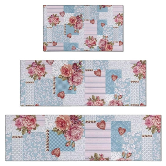 Pioneer Flower Floral Print Pattern Kitchen Rugs Sets Of 3,Kitchen Runner Rugs Non Skid Washable,Decorative Kitchen Floor Mats for Kitchen,Sink,Laundry,17"x30"+ 17"x47" + 17"x59"