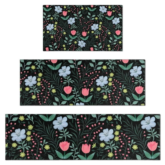 Pioneer Flower Floral Print Pattern Kitchen Rugs Sets Of 3,Kitchen Runner Rugs Non Skid Washable,Decorative Kitchen Floor Mats for Kitchen,Sink,Laundry,17"x30"+ 17"x47" + 17"x59"