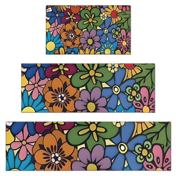 Pioneer Flower Floral Print Pattern Kitchen Rugs Sets Of 3,Kitchen Runner Rugs Non Skid Washable,Decorative Kitchen Floor Mats for Kitchen,Sink,Laundry,17"x30"+ 17"x47" + 17"x59"