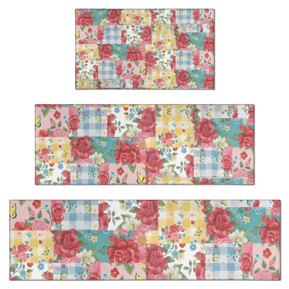 Pioneer Flower Floral Print Pattern Kitchen Rugs Sets Of 3,Kitchen Runner Rugs Non Skid Washable,Decorative Kitchen Floor Mats for Kitchen,Sink,Laundry,17"x30"+ 17"x47" + 17"x59"
