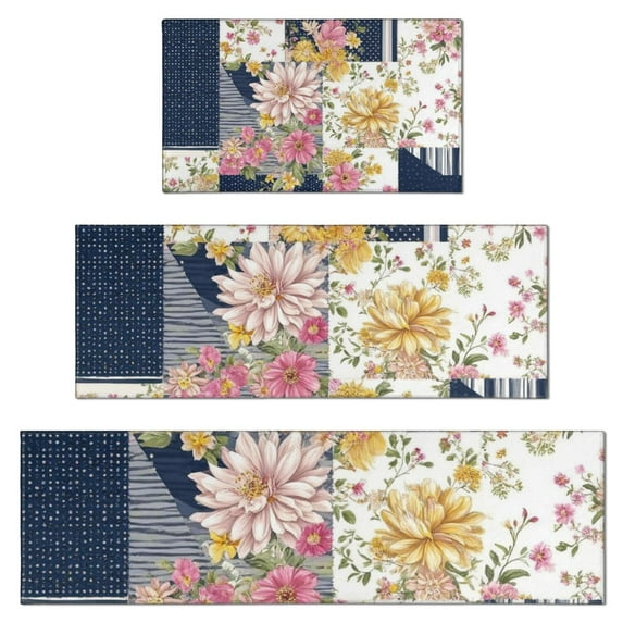 Pioneer Flower Floral Print Pattern Kitchen Rugs Sets Of 3,Kitchen Runner Rugs Non Skid Washable,Decorative Kitchen Floor Mats for Kitchen,Sink,Laundry,17"x30"+ 17"x47" + 17"x59"