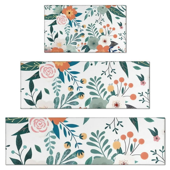 Pioneer Flower Floral Print Pattern Kitchen Rugs Sets Of 3,Kitchen Runner Rugs Non Skid Washable,Decorative Kitchen Floor Mats for Kitchen,Sink,Laundry,17"x30"+ 17"x47" + 17"x59"