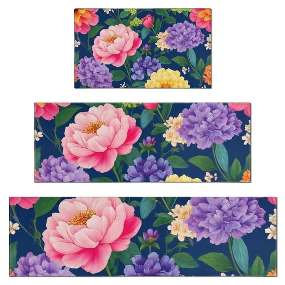 Pioneer Flower Floral Print Pattern Kitchen Rugs Sets Of 3,Kitchen Runner Rugs Non Skid Washable,Decorative Kitchen Floor Mats for Kitchen,Sink,Laundry,17"x30"+ 17"x47" + 17"x59"