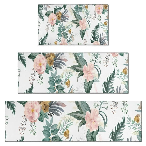 Pioneer Flower Floral Print Pattern Kitchen Rugs Sets Of 3,Kitchen Runner Rugs Non Skid Washable,Decorative Kitchen Floor Mats for Kitchen,Sink,Laundry,17"x30"+ 17"x47" + 17"x59"