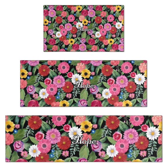 Pioneer Flower Floral Print Pattern Kitchen Rugs Sets Of 3,Kitchen Runner Rugs Non Skid Washable,Decorative Kitchen Floor Mats for Kitchen,Sink,Laundry,17"x30"+ 17"x47" + 17"x59"