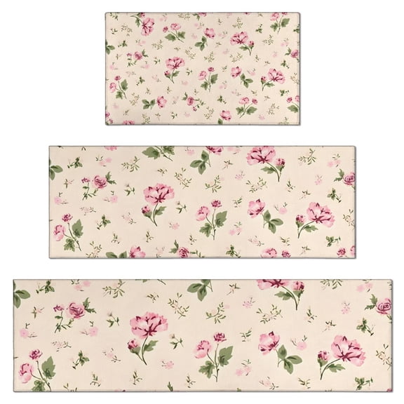 Pioneer Flower Floral Print Pattern Kitchen Rugs Sets Of 3,Kitchen Runner Rugs Non Skid Washable,Decorative Kitchen Floor Mats for Kitchen,Sink,Laundry,17"x30"+ 17"x47" + 17"x59"