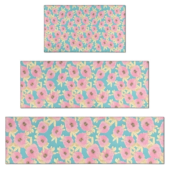 Pioneer Flower Floral Print Pattern Kitchen Rugs Sets Of 3,Kitchen Runner Rugs Non Skid Washable,Decorative Kitchen Floor Mats for Kitchen,Sink,Laundry,17"x30"+ 17"x47" + 17"x59"
