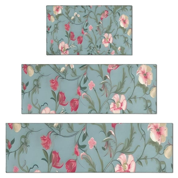 Pioneer Flower Floral Print Pattern Kitchen Rugs Sets Of 3,Kitchen Runner Rugs Non Skid Washable,Decorative Kitchen Floor Mats for Kitchen,Sink,Laundry,17"x30"+ 17"x47" + 17"x59"