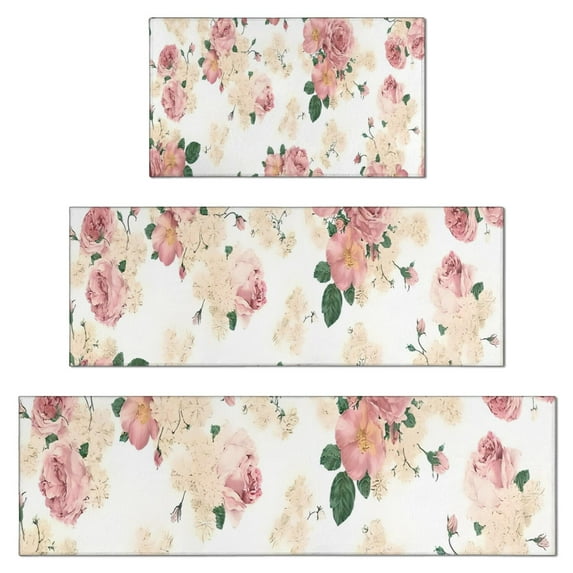 Pioneer Flower Floral Print Pattern Kitchen Rugs Sets Of 3,Kitchen Runner Rugs Non Skid Washable,Decorative Kitchen Floor Mats for Kitchen,Sink,Laundry,17"x30"+ 17"x47" + 17"x59"