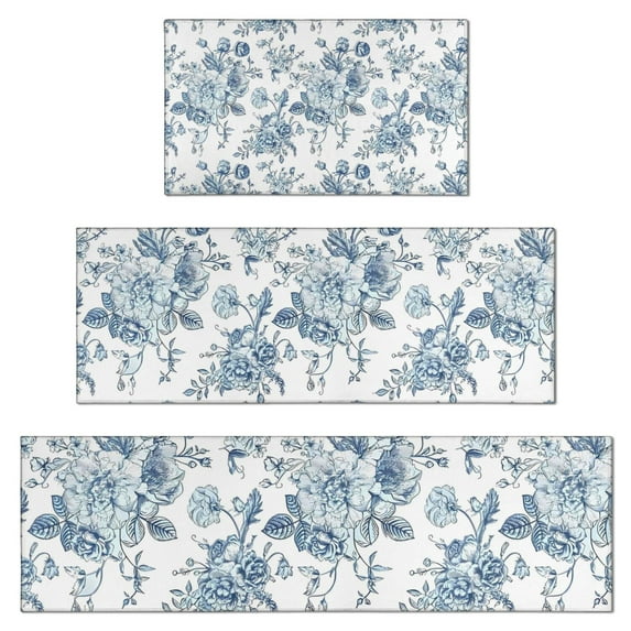 Pioneer Flower Floral Print Pattern Kitchen Rugs Sets Of 3,Kitchen Runner Rugs Non Skid Washable,Decorative Kitchen Floor Mats for Kitchen,Sink,Laundry,17"x30"+ 17"x47" + 17"x59"