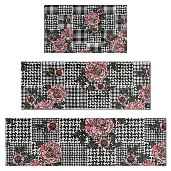 Pioneer Flower Floral Print Pattern Kitchen Rugs Sets Of 3,Kitchen Runner Rugs Non Skid Washable,Decorative Kitchen Floor Mats for Kitchen,Sink,Laundry,17"x30"+ 17"x47" + 17"x59"