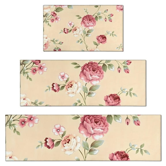 Pioneer Flower Floral Print Pattern Kitchen Rugs Sets Of 3,Kitchen Runner Rugs Non Skid Washable,Decorative Kitchen Floor Mats for Kitchen,Sink,Laundry,17"x30"+ 17"x47" + 17"x59"