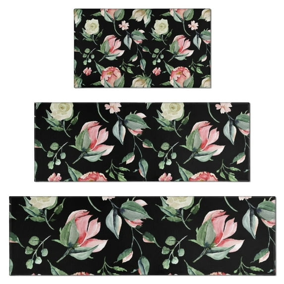 Pioneer Flower Floral Print Pattern Kitchen Rugs Sets Of 3,Kitchen Runner Rugs Non Skid Washable,Decorative Kitchen Floor Mats for Kitchen,Sink,Laundry,17"x30"+ 17"x47" + 17"x59"