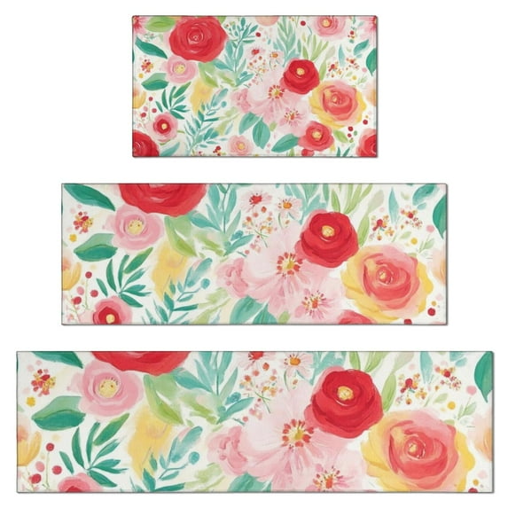 Pioneer Flower Floral Print Pattern Kitchen Rugs Sets Of 3,Kitchen Runner Rugs Non Skid Washable,Decorative Kitchen Floor Mats for Kitchen,Sink,Laundry,17"x30"+ 17"x47" + 17"x59"