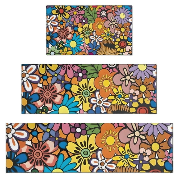 Pioneer Flower Floral Print Pattern Kitchen Rugs Sets Of 3,Kitchen Runner Rugs Non Skid Washable,Decorative Kitchen Floor Mats for Kitchen,Sink,Laundry,17"x30"+ 17"x47" + 17"x59"