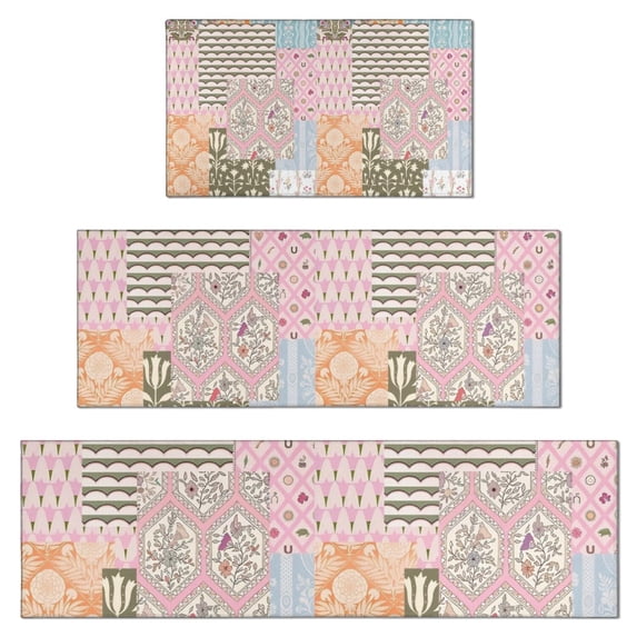 Pioneer Flower Floral Print Pattern Kitchen Rugs Sets Of 3,Kitchen Runner Rugs Non Skid Washable,Decorative Kitchen Floor Mats for Kitchen,Sink,Laundry,17"x30"+ 17"x47" + 17"x59"