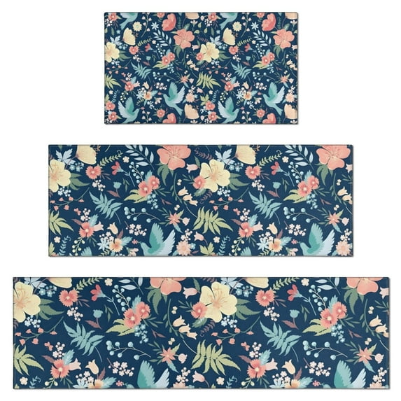 Pioneer Flower Floral Print Pattern Kitchen Rugs Sets Of 3,Kitchen Runner Rugs Non Skid Washable,Decorative Kitchen Floor Mats for Kitchen,Sink,Laundry,17"x30"+ 17"x47" + 17"x59"
