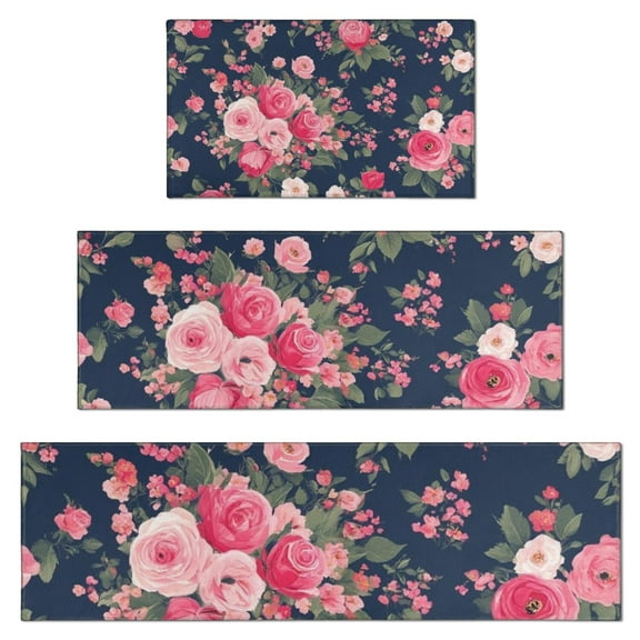 Pioneer Flower Floral Print Pattern Kitchen Rugs Sets Of 3,Kitchen Runner Rugs Non Skid Washable,Decorative Kitchen Floor Mats for Kitchen,Sink,Laundry,17"x30"+ 17"x47" + 17"x59"