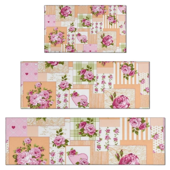 Pioneer Flower Floral Print Pattern Kitchen Rugs Sets Of 3,Kitchen Runner Rugs Non Skid Washable,Decorative Kitchen Floor Mats for Kitchen,Sink,Laundry,17"x30"+ 17"x47" + 17"x59"