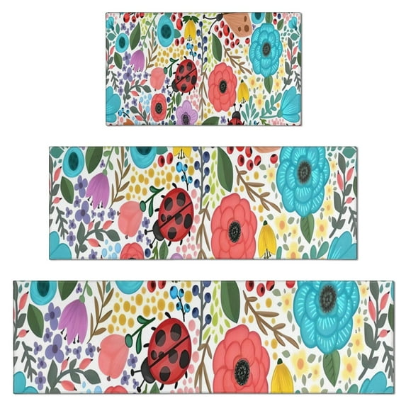 Pioneer Flower Floral Print Pattern Kitchen Rugs Sets Of 3,Kitchen Runner Rugs Non Skid Washable,Decorative Kitchen Floor Mats for Kitchen,Sink,Laundry,17"x30"+ 17"x47" + 17"x59"