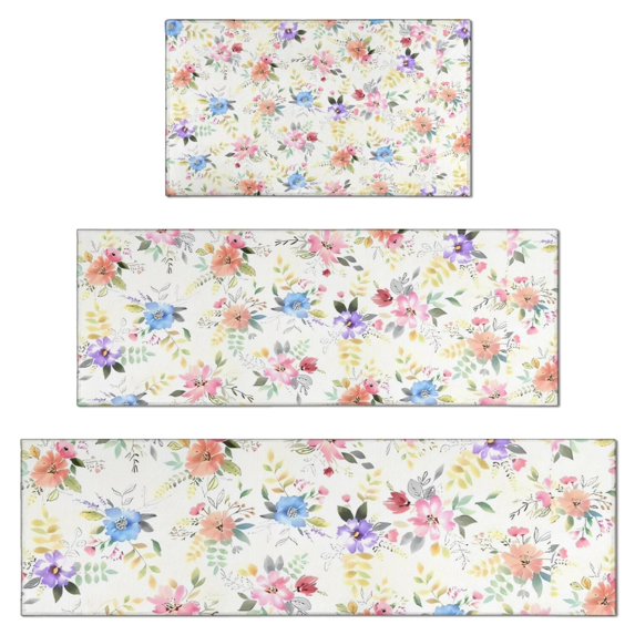 Pioneer Flower Floral Print Pattern Kitchen Rugs Sets Of 3,Kitchen Runner Rugs Non Skid Washable,Decorative Kitchen Floor Mats for Kitchen,Sink,Laundry,17"x30"+ 17"x47" + 17"x59"