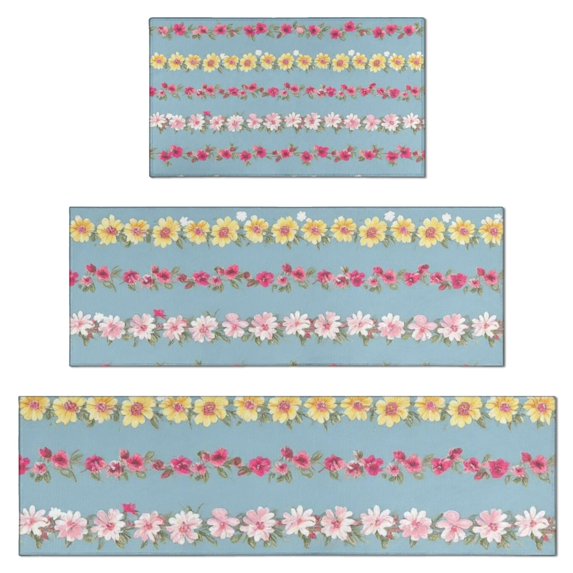 Pioneer Flower Floral Print Pattern Kitchen Rugs Sets Of 3,Kitchen Runner Rugs Non Skid Washable,Decorative Kitchen Floor Mats for Kitchen,Sink,Laundry,17"x30"+ 17"x47" + 17"x59"