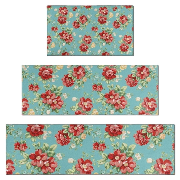 Pioneer Flower Floral Print Pattern Kitchen Rugs Sets Of 3,Kitchen Runner Rugs Non Skid Washable,Decorative Kitchen Floor Mats for Kitchen,Sink,Laundry,17"x30"+ 17"x47" + 17"x59"