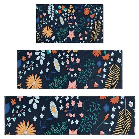 Pioneer Flower Floral Print Pattern Kitchen Rugs Sets Of 3,Kitchen Runner Rugs Non Skid Washable,Decorative Kitchen Floor Mats for Kitchen,Sink,Laundry,17"x30"+ 17"x47" + 17"x59"