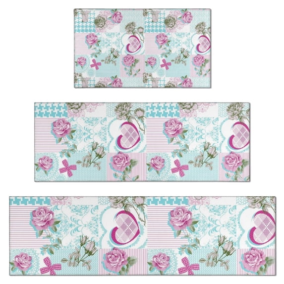 Pioneer Flower Floral Print Pattern Kitchen Rugs Sets Of 3,Kitchen Runner Rugs Non Skid Washable,Decorative Kitchen Floor Mats for Kitchen,Sink,Laundry,17"x30"+ 17"x47" + 17"x59"