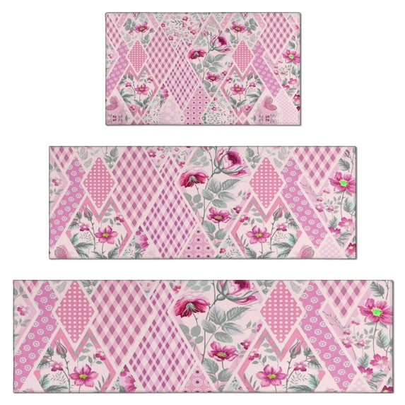 Pioneer Flower Floral Print Pattern Kitchen Rugs Sets Of 3,Kitchen Runner Rugs Non Skid Washable,Decorative Kitchen Floor Mats for Kitchen,Sink,Laundry,17"x30"+ 17"x47" + 17"x59"