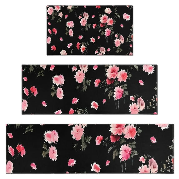 Pioneer Flower Floral Print Pattern Kitchen Rugs Sets Of 3,Kitchen Runner Rugs Non Skid Washable,Decorative Kitchen Floor Mats for Kitchen,Sink,Laundry,17"x30"+ 17"x47" + 17"x59"