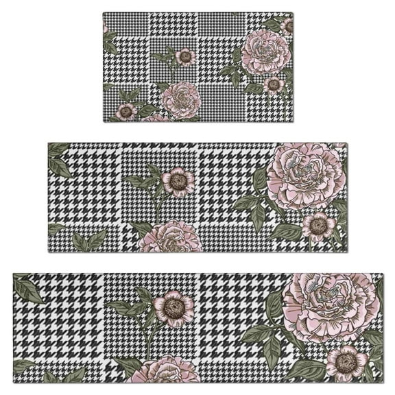 Pioneer Flower Floral Print Pattern Kitchen Rugs Sets Of 3,Kitchen Runner Rugs Non Skid Washable,Decorative Kitchen Floor Mats for Kitchen,Sink,Laundry,17"x30"+ 17"x47" + 17"x59"