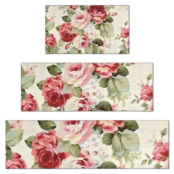 Pioneer Flower Floral Print Pattern Kitchen Rugs Sets Of 3,Kitchen Runner Rugs Non Skid Washable,Decorative Kitchen Floor Mats for Kitchen,Sink,Laundry,17"x30"+ 17"x47" + 17"x59"