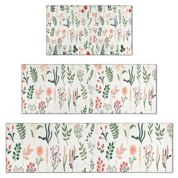 Pioneer Flower Floral Print Pattern Kitchen Rugs Sets Of 3,Kitchen Runner Rugs Non Skid Washable,Decorative Kitchen Floor Mats for Kitchen,Sink,Laundry,17"x30"+ 17"x47" + 17"x59"