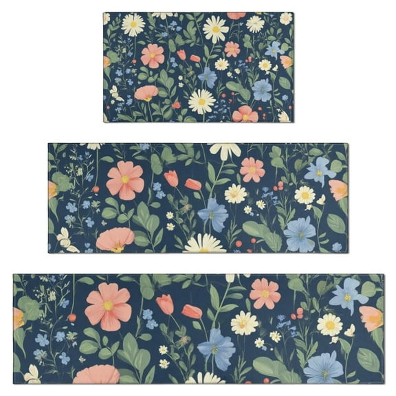 Pioneer Flower Floral Print Pattern Kitchen Rugs Sets Of 3,Kitchen Runner Rugs Non Skid Washable,Decorative Kitchen Floor Mats for Kitchen,Sink,Laundry,17"x30"+ 17"x47" + 17"x59"