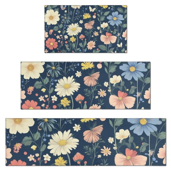 Pioneer Flower Floral Print Pattern Kitchen Rugs Sets Of 3,Kitchen Runner Rugs Non Skid Washable,Decorative Kitchen Floor Mats for Kitchen,Sink,Laundry,17"x30"+ 17"x47" + 17"x59"