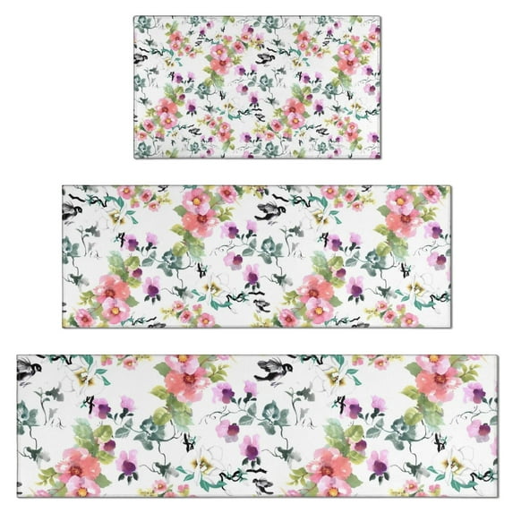 Pioneer Flower Floral Print Pattern Kitchen Rugs Sets Of 3,Kitchen Runner Rugs Non Skid Washable,Decorative Kitchen Floor Mats for Kitchen,Sink,Laundry,17"x30"+ 17"x47" + 17"x59"
