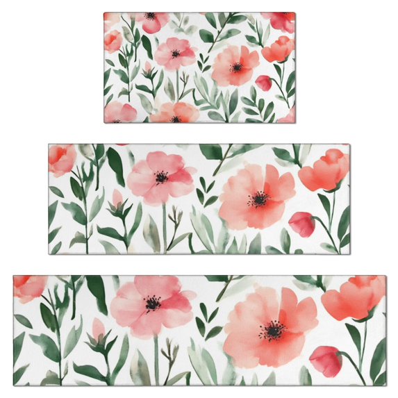 Pioneer Flower Floral Print Pattern Kitchen Rugs Sets Of 3,Kitchen Runner Rugs Non Skid Washable,Decorative Kitchen Floor Mats for Kitchen,Sink,Laundry,17"x30"+ 17"x47" + 17"x59"