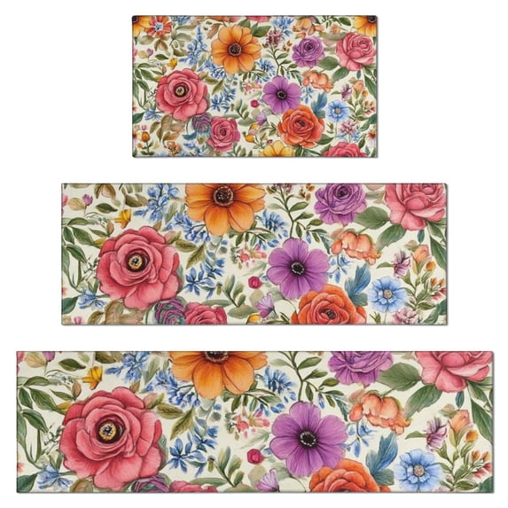 Pioneer Flower Floral Print Pattern Kitchen Rugs Sets Of 3,Kitchen Runner Rugs Non Skid Washable,Decorative Kitchen Floor Mats for Kitchen,Sink,Laundry,17"x30"+ 17"x47" + 17"x59"