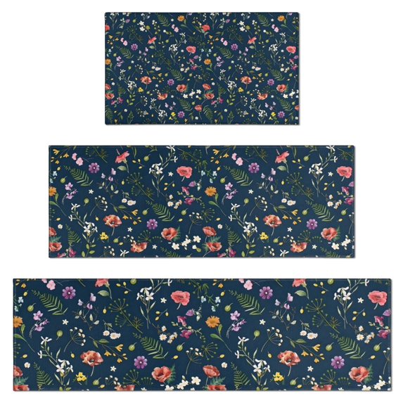 Pioneer Flower Floral Print Pattern Kitchen Rugs Sets Of 3,Kitchen Runner Rugs Non Skid Washable,Decorative Kitchen Floor Mats for Kitchen,Sink,Laundry,17"x30"+ 17"x47" + 17"x59"
