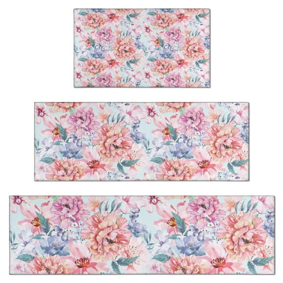 Pioneer Flower Floral Print Pattern Kitchen Rugs Sets Of 3,Kitchen Runner Rugs Non Skid Washable,Decorative Kitchen Floor Mats for Kitchen,Sink,Laundry,17"x30"+ 17"x47" + 17"x59"