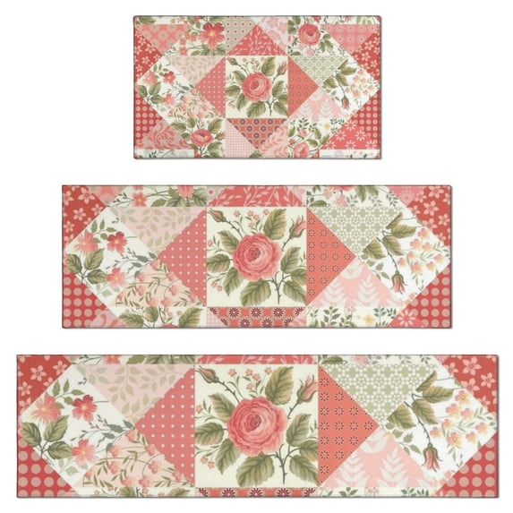 Pioneer Flower Floral Print Pattern Kitchen Rugs Sets Of 3,Kitchen Runner Rugs Non Skid Washable,Decorative Kitchen Floor Mats for Kitchen,Sink,Laundry,17"x30"+ 17"x47" + 17"x59"